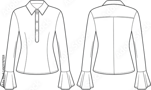 CAD drawing flat vector illustration of women’s puff sleeve blouse, front and back view, garments dress, garments cloth, fashion design