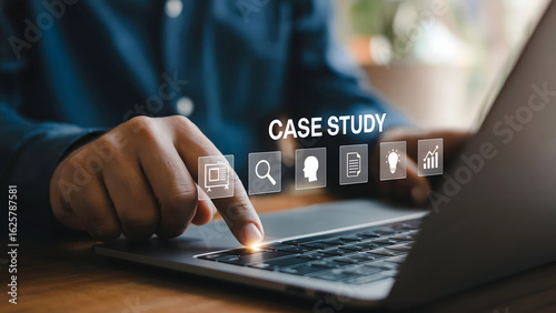 Man using laptop for case study research with data analysis icons, professional business solution and strategy, modern digital workflow efficiency