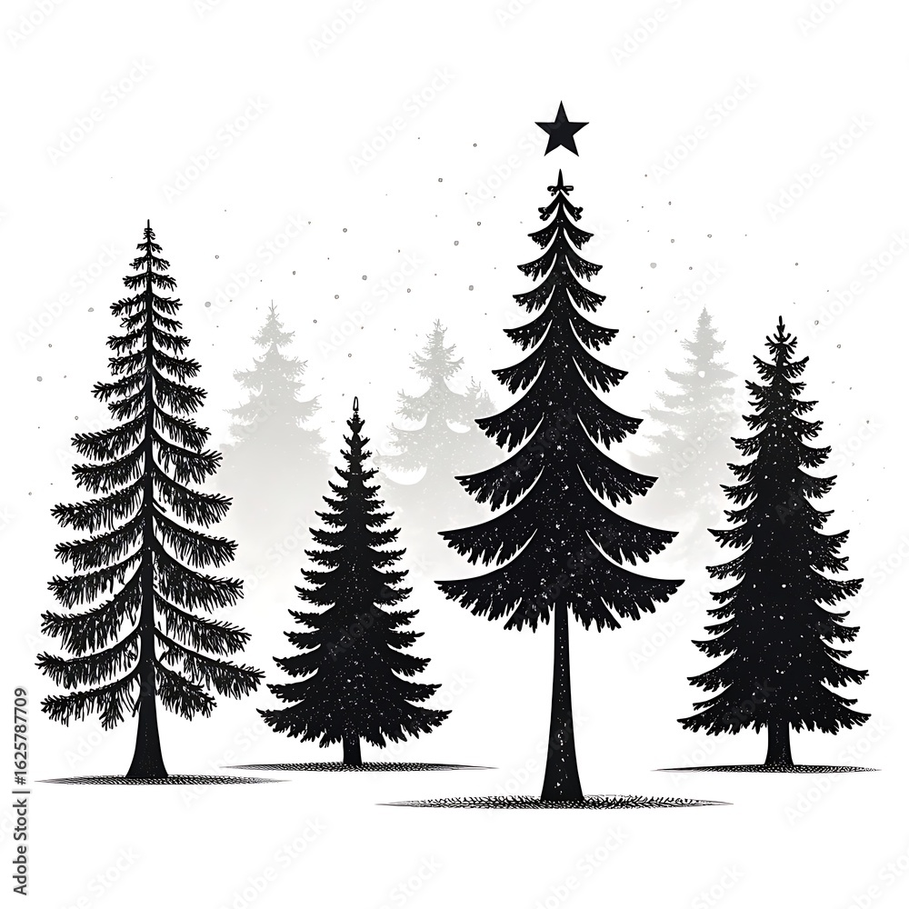 Obraz premium Silhouette christmas trees with star isolated on white background