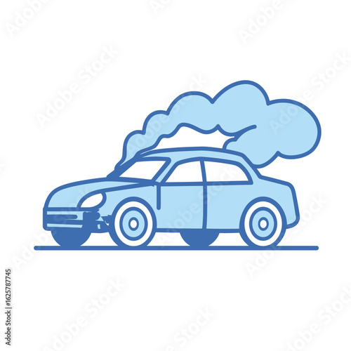Blue Line Art Car With Smoke, Isolated on White Background, Automotive Icon