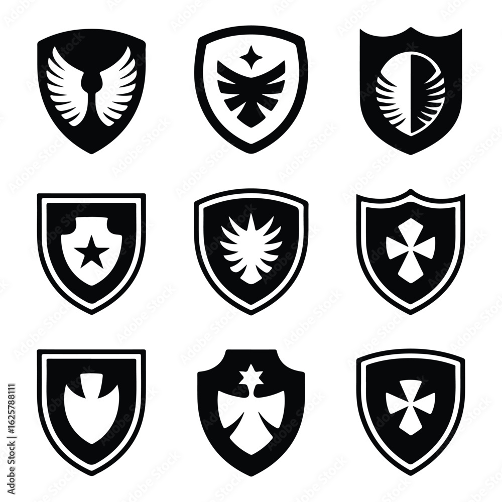 Obraz premium Nine black and white shield emblems with various symbols, crest badge