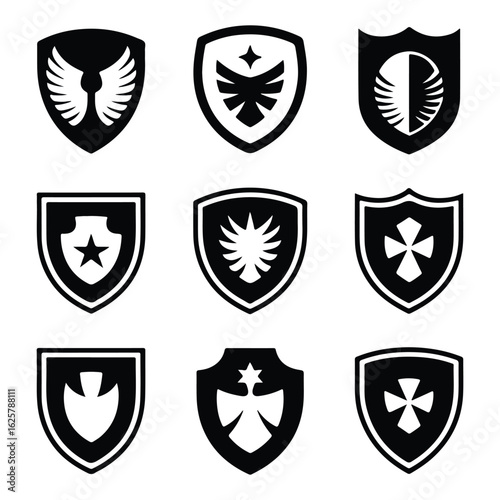 Nine black and white shield emblems with various symbols, crest badge