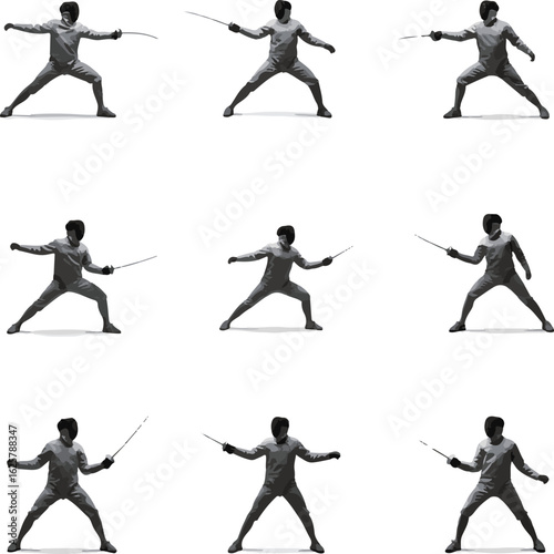 Set of gray scale vector illustrations featuring fencers in various dynamic poses, perfect for sports, training, or graphic design projects.