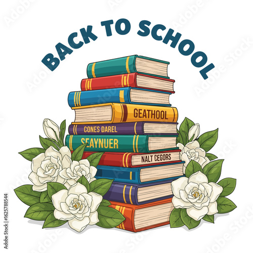 Back to School With Stack of Book and Flowers