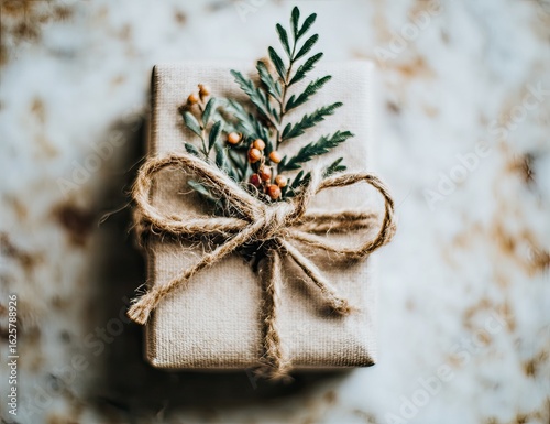 A small, kraft paper gift box, tied with natural twine, adorned with greenery and small berries