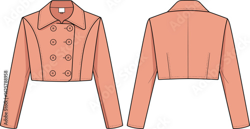 CAD drawing flat vector illustration of women’s cropped double-breasted jacket, front and back view, garments dress, garments cloth, fashion design