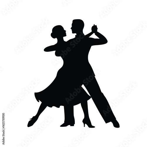 Silhouette of a dancing couple, isolated on white background, showcasing ballroom dance, love, romance, passion, performance, art, music, and entertainment