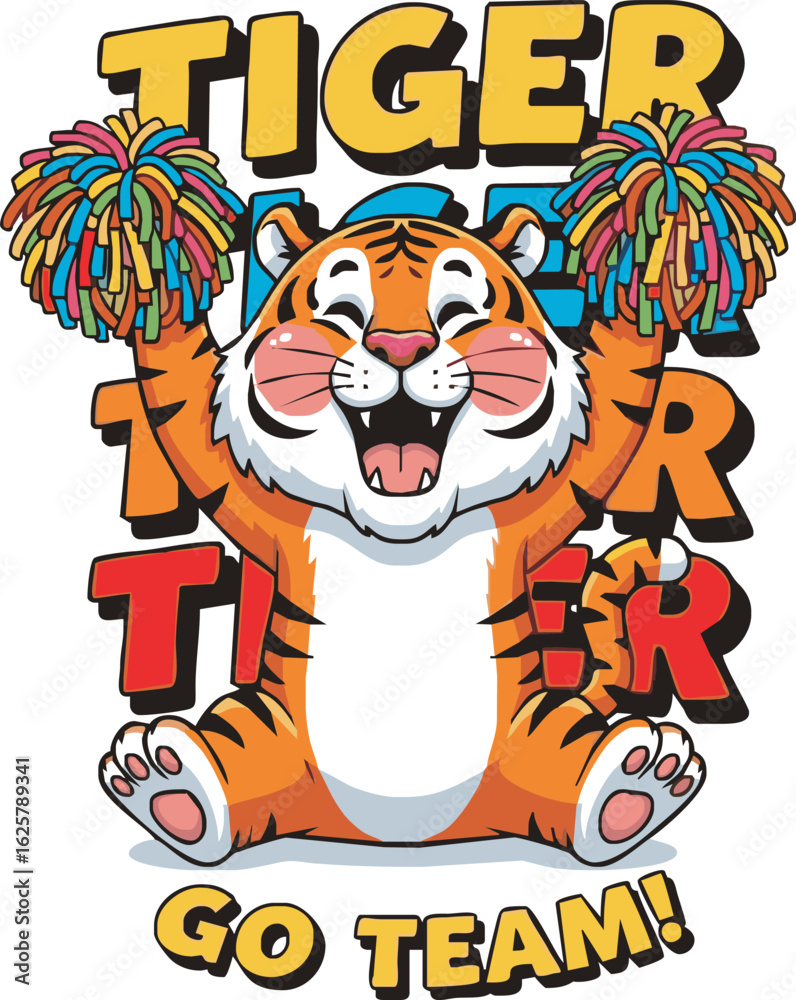 Fototapeta premium Cartoon tiger mascot cheering with pom-poms, promoting a team.
