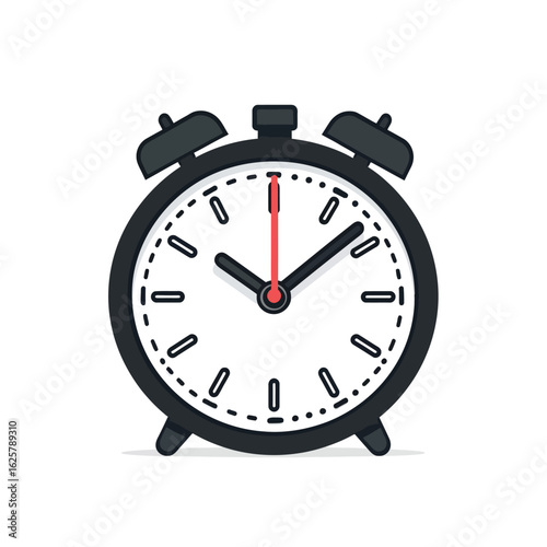 Cartoon Alarm Clock Illustration Traditional Black Clock with Red Hand at Noon