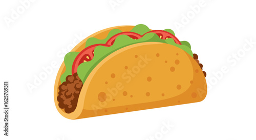 Classic Mexican hard-shell taco illustration with ground meat, lettuce, and tomatoes. Isolated vector graphic for fast food designs.
