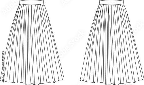 Pleated midi skirt technical flat sketch with waistband, front and back detailed vector fashion design drawing for apparel