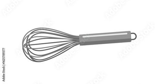 A wire balloon whisk with a metal handle, an essential kitchen utensil for baking and cooking, isolated on a white background.