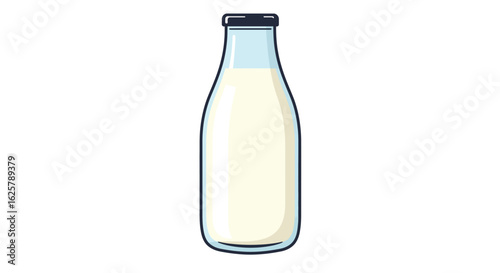 A classic glass bottle full of fresh milk, isolated on a white background. Vector illustration of a dairy beverage.