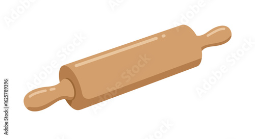 A classic wooden rolling pin, an essential kitchen utensil for baking. An illustration of a baker's tool for dough preparation, isolated on a white background.