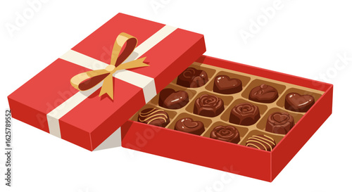 An elegant open red gift box revealing an assortment of gourmet chocolates, a sweet and romantic surprise for a special occasion.