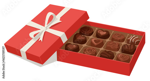 An elegant red gift box is open, revealing a delicious assortment of chocolate bonbons, a perfect romantic gesture for a special occasion.