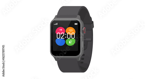 A modern dark grey smartwatch with a digital screen displaying colorful app icons, isolated on a white background. Wearable technology concept.
