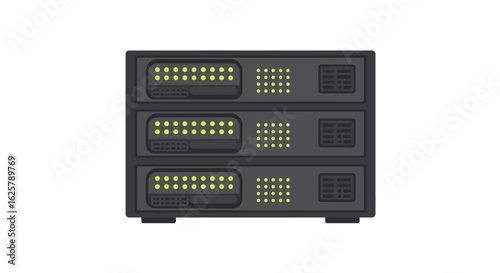 Flat vector illustration of a data server rack with network switches. Computer hardware for a data center or hosting service with glowing LED lights.