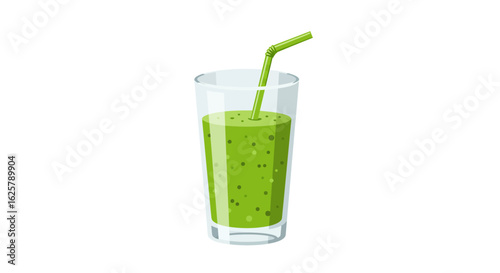 Healthy green smoothie in a glass with a straw, a fresh vegetable and fruit juice for a detox diet and healthy lifestyle.