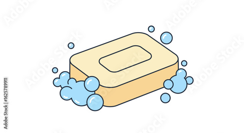 A simple line art illustration of a bar of soap with bubbles. A clean vector icon representing hygiene, washing, and sanitation.