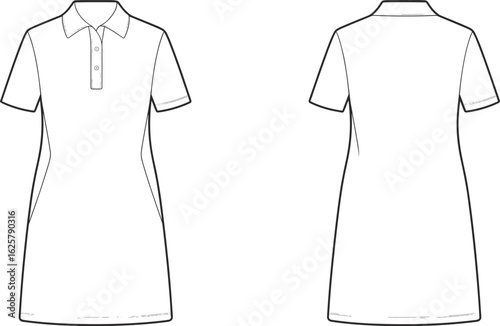 Women’s basic polo dress fashion flat sketch with short sleeves, button placket, technical vector illustration, front and back template
