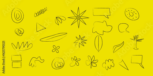 Fun collection of hand drawn sketch-style elements including flowers, stars, trees, and speech bubbles for use in creative design projects, posters, decor, and illustration work