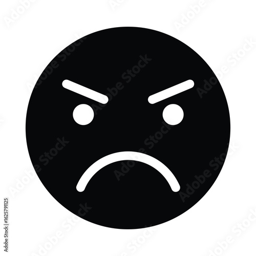 An angry black emoji face with furrowed brows and a downturned mouth, conveying frustration and displeasure isolated on white background