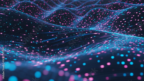 Abstract digital landscape with glowing particles and flowing lines representing data and technology