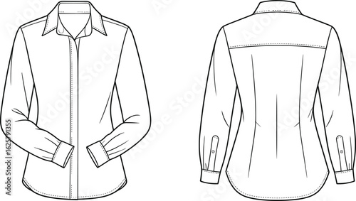 CAD drawing flat vector illustration of women’s classic button-down shirt, front and back view, garments dress, garments cloth design