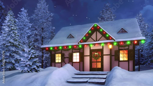 Magical Snowy Winter Landscape with Cozy Christmas Cottage – Festive Holiday Animation