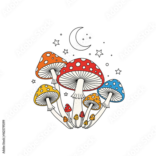 Mystical Mushroom Cluster with Moon and Stars illustration