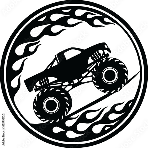 A black silhouette of a monster truck climbing a ramp inside a circular frame with flames.