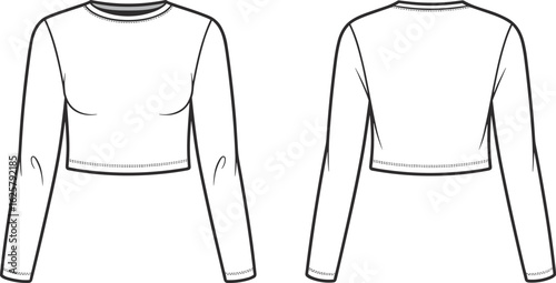 Women’s long sleeve cropped fitted top fashion flat sketch, technical vector drawing, front and back apparel design template