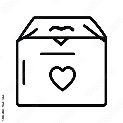 Donation Box Outline Icon with Heart, Slot, and Rounded Edges Black and White