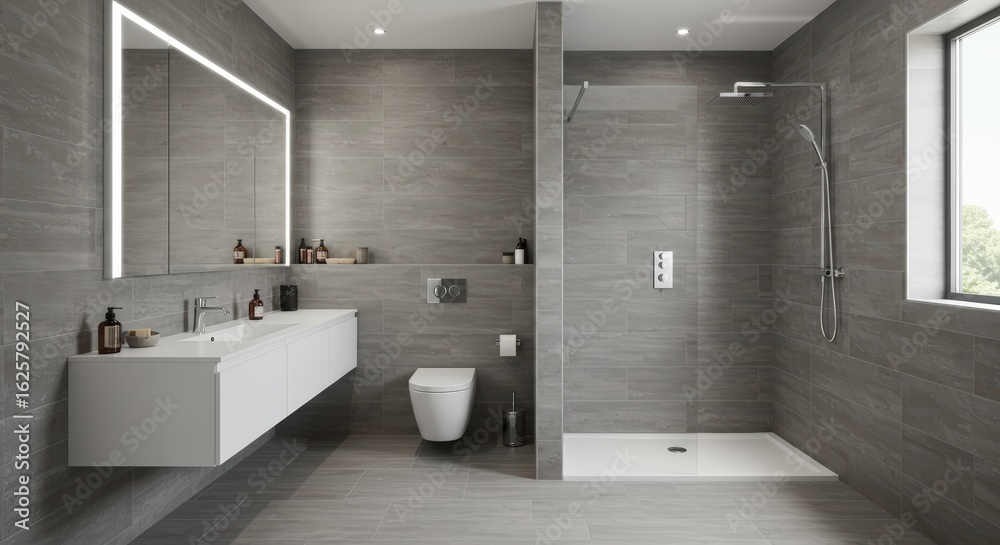 Fototapeta premium A sleek, modern bathroom with a floating vanity, a large walk-in shower with a frameless glass door, and clean, large-format grey tiles on the walls and floor.