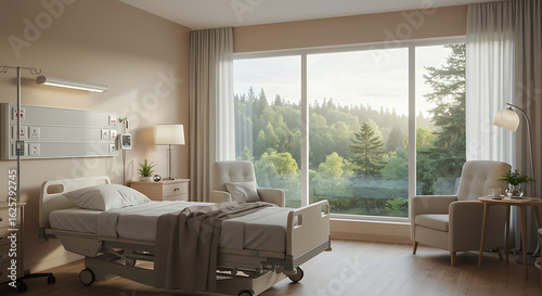 Bright and airy hospital room with a bed, chairs, and a large window overlooking a forest.