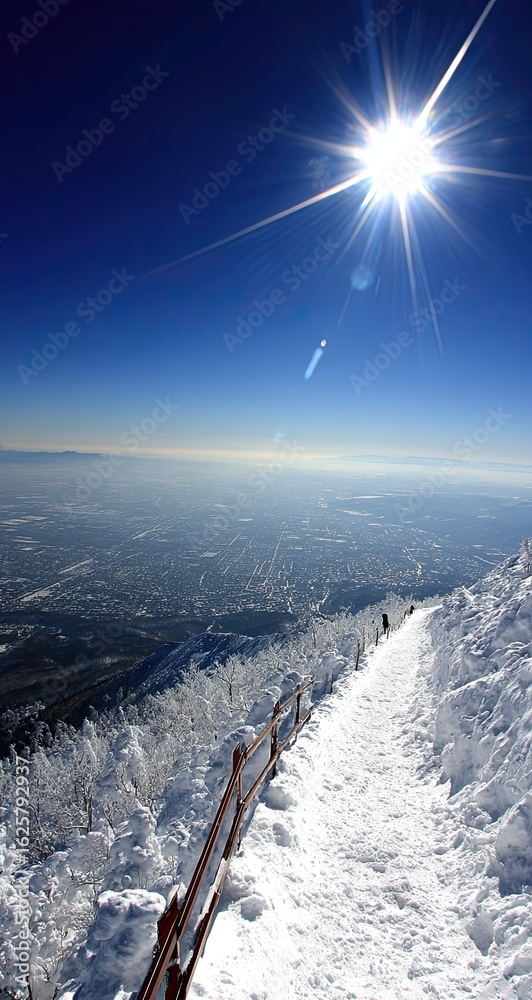 Obraz premium Snowy mountain peak path, bright sun