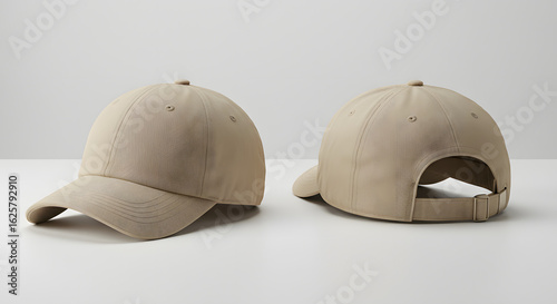 Beige baseball cap mockup with front and back views. Plain headwear template for design presentation, isolated on a neutral gray background.