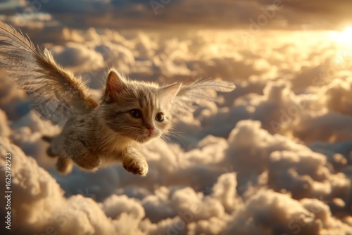 Whimsical Kitten with Wings Soaring Through Dreamy Clouds at Sunset, Captivating Fantasy Scene for Pet Lovers and Dreamers