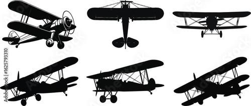 Silhouette vector of old biplane aircraft in multiple views for aviation and history concepts