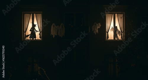 Spooky Halloween scene with silhouettes of a witch and a devil in illuminated house windows at night.