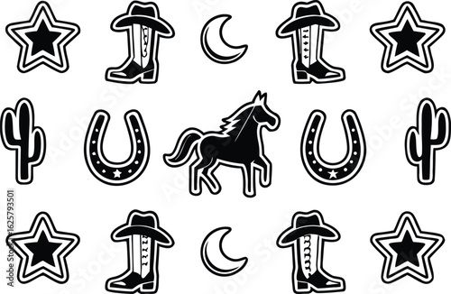 Black and white western icons including cowboy boots hats horseshoes stars cacti and crescent moons