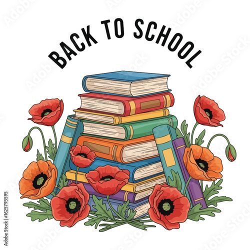 Back to School With Stack of Book and Flowers