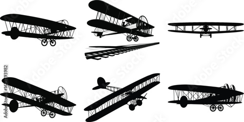 Silhouette vector of vintage biplane airplane collection for aviation, travel, and retro design