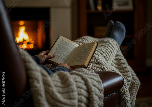 A person is reading a book by a fireplace with their feet up, covered by a warm knitted blanket in a cozy and comfortable setting
