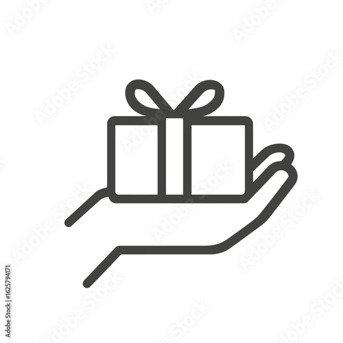 Gift on Hand Icon, Present Box with Bow, Outline Drawing, Transparent