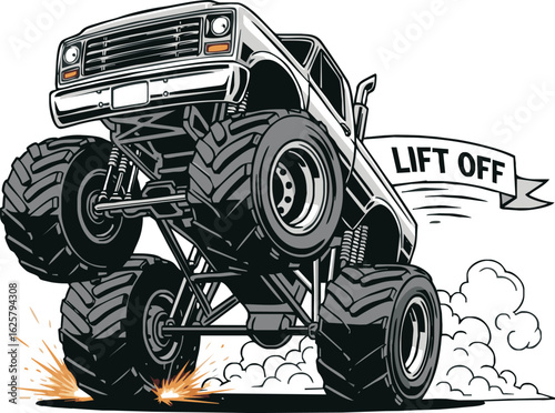 A powerful monster truck performing a high jump with its front wheels lifted, with a 'LIFT OFF' banner, creating sparks and dust.