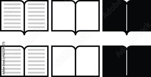 Minimal book icon set in various styles including outline, solid, and lined versions. Perfect for study apps, table of contents, bookstores, cafes, and educational branding.