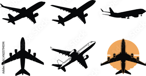 Silhouette vector of modern passenger jet airplane in various flight angles for travel and aviation design