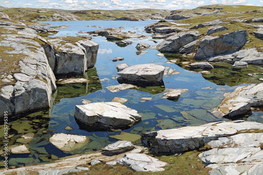 Fototapeta premium Tranquil lake scene, rocky shore